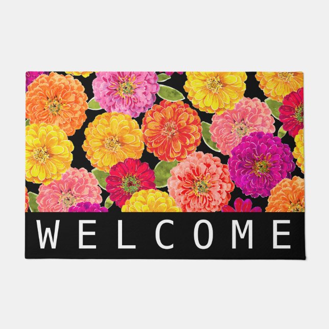 Summer Pink Yellow Zinnias Floral Welcome Doormat (Front)