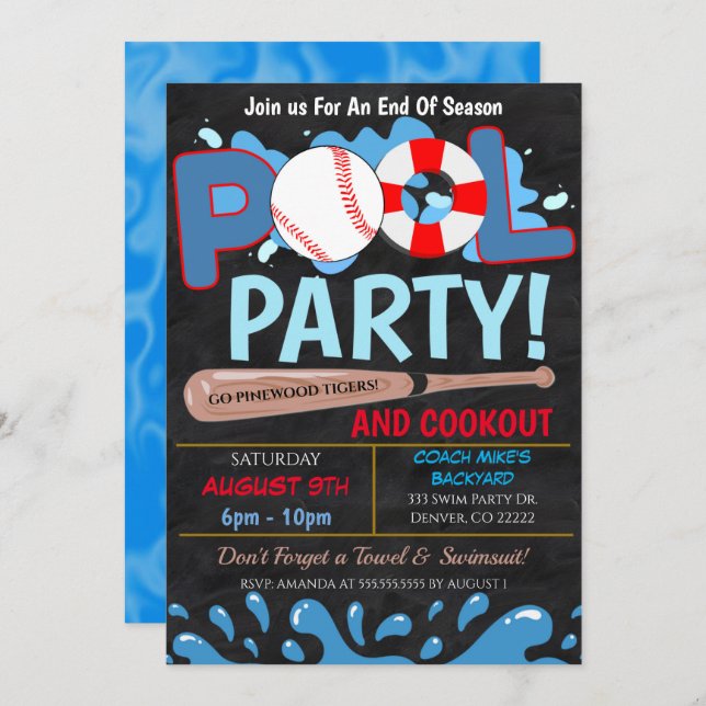Summer Pool Baseball Party Invitation (Front/Back)
