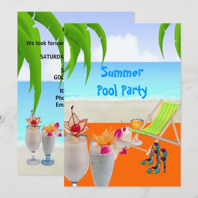 Summer Pool Beach Party Cocktails Tropical Beach Invitation (Front/Back)