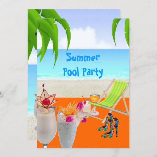 Summer Pool Beach Party Cocktails Tropical Beach Invitation