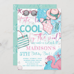 Summer Pool Birthday Party Cute Pink Turquoise Invitation