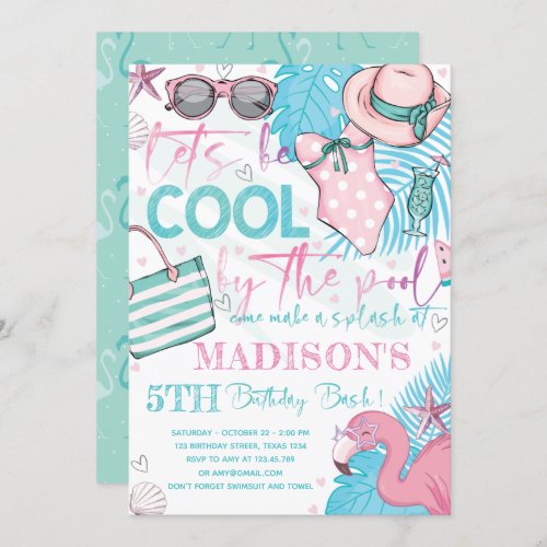 Summer Pool Birthday Party Cute Pink Turquoise Invitation