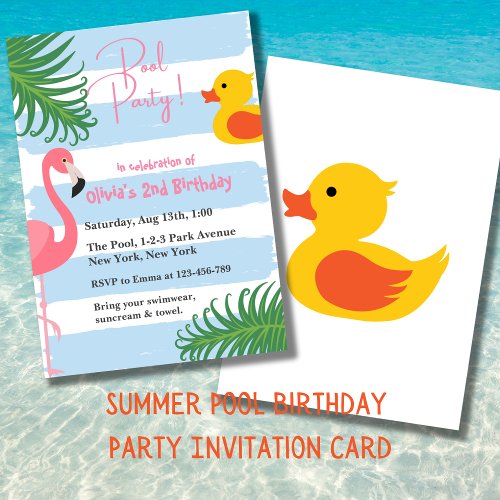 Summer Pool Flamingo Rubber Duck Birthday Party Invitation