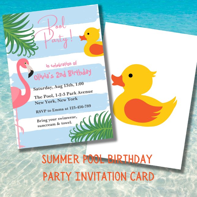 Summer Pool Flamingo Rubber Duck Birthday Party Invitation (Summer Pool Party Birthday Invitation Card. Splash !)