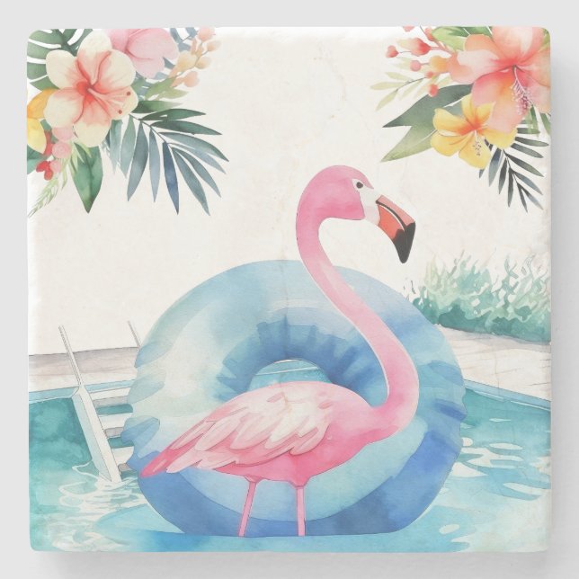 Summer Pool Flamingo Stone Coaster (Front)