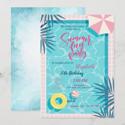 Summer Pool Palm Leaf Birthday Party Invitation