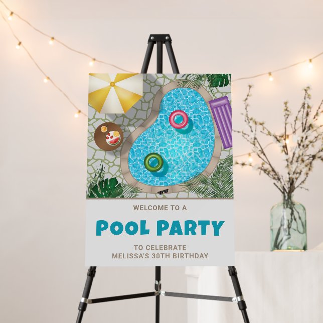 Summer Pool Party Backyard Birthday Party Welcome Foam Board (In Situ (Stand))
