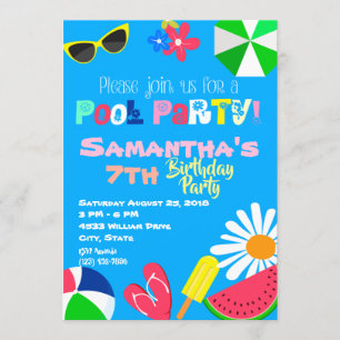 Summer Pool Party Birthday Beach Ball Sunglasses Invitation