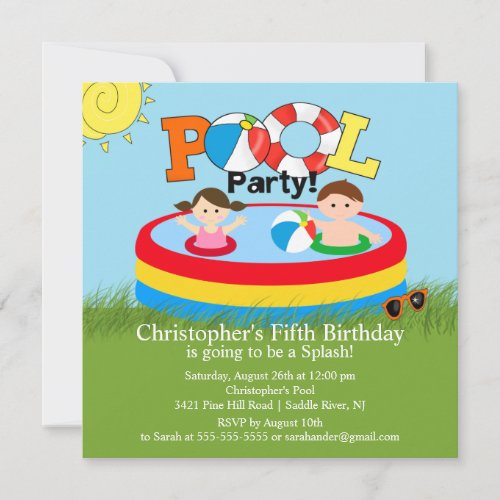 Summer POOL Party Birthday Invitation Boy Girl