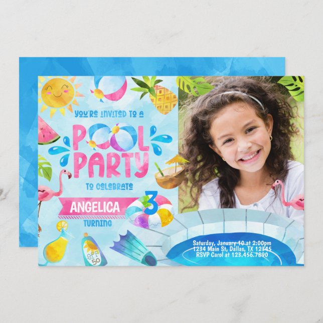 Summer Pool Party Birthday Invitation Invite (Front/Back)