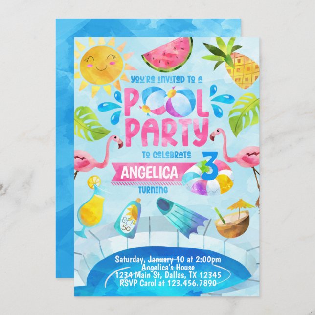 Summer Pool Party Birthday Invitation Invite (Front/Back)