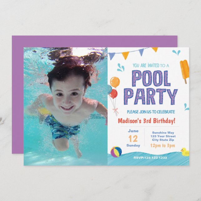 Summer Pool Party Birthday Invite with picture (Front/Back)