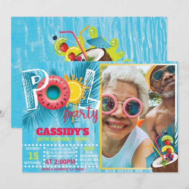 Summer Pool Party Birthday PHOTO Invitation (Front/Back)