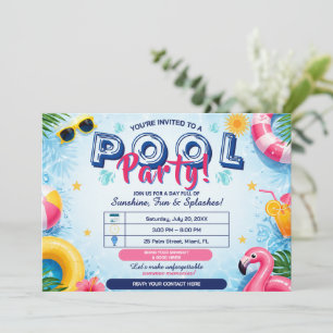 Summer Pool Party Bright Fun Editable Invitation