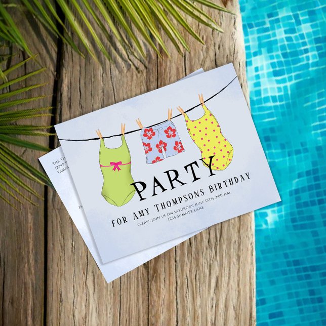 Summer Pool Party Colorful Swimsuits Postcard (Pool party custom postcard template. )