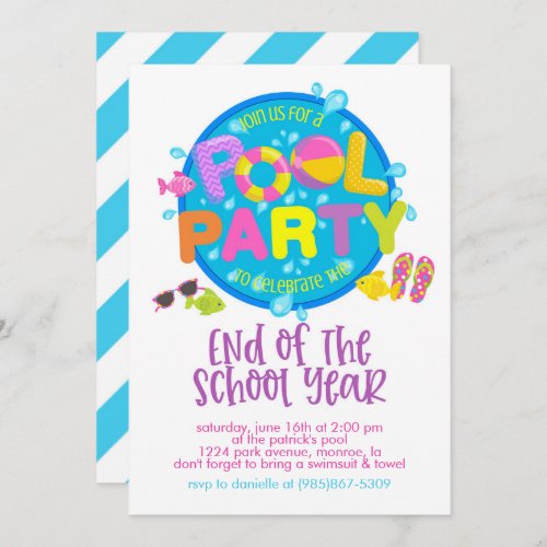 Summer Pool Party End of School Year Party Invitation