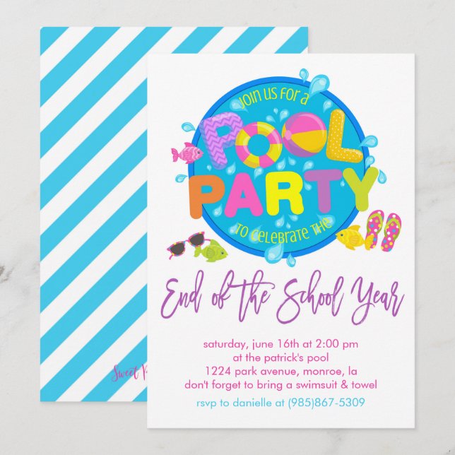 Summer Pool Party, End of the School Year Party In Invitation (Front/Back)