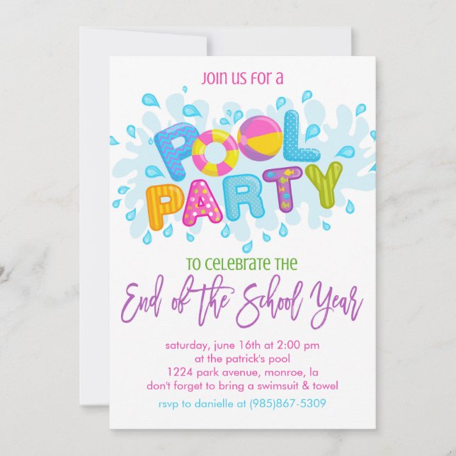 Summer Pool Party, End of the School Year Party Invitation (Front)
