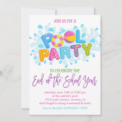 Summer Pool Party End of the School Year Party Invitation