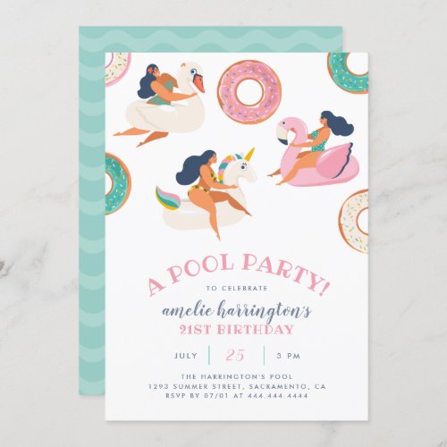 Summer Pool Party  Flamingo  Unicorn Birthday Invitation