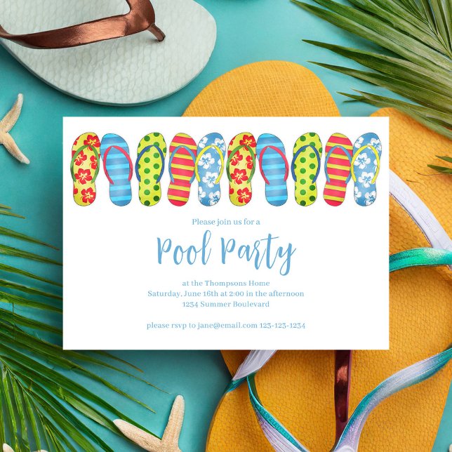 Summer Pool Party Fun Colorful Custom Invitation (Summer pool party whimsical flip flops invitation.)