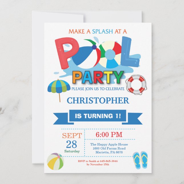 Summer Pool Party Invitation Splish Splash Boy (Front)