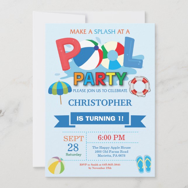 Summer Pool Party Invitation Splish Splash Boy (Front)