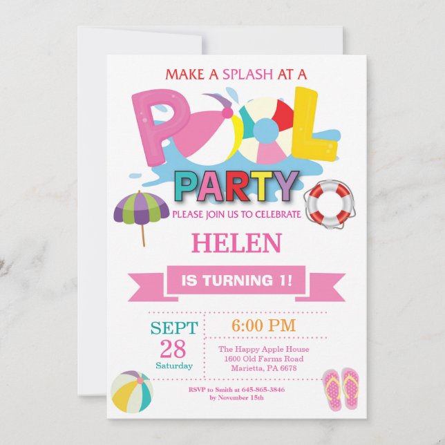 Summer Pool Party Invitation Splish Splash Girl (Front)
