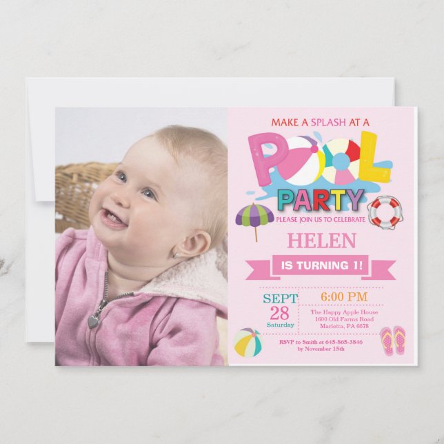 Summer Pool Party Invitation Splish Splash Girl (Front)