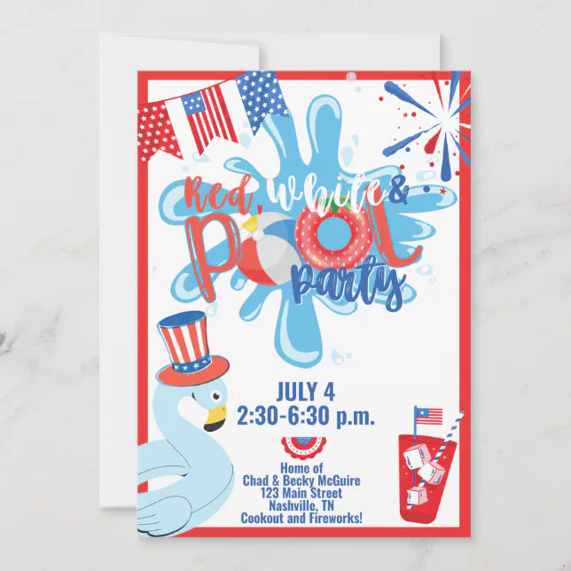 Summer Pool Party July 4th Memorial Day Red Blue Invitation | Zazzle
