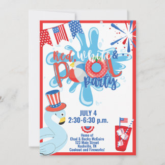 Summer Pool Party July 4th Memorial Day Red Blue Invitation