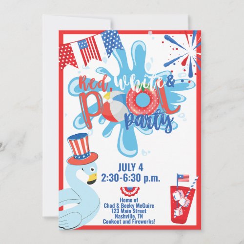 Summer Pool Party July 4th Memorial Day Red Blue Invitation