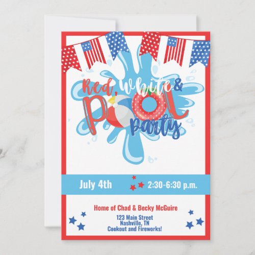 Summer Pool Party July 4th Memorial Day Red Blue Invitation