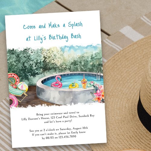 Summer Pool Party Make a Splash Kids Birthday Bash Invitation