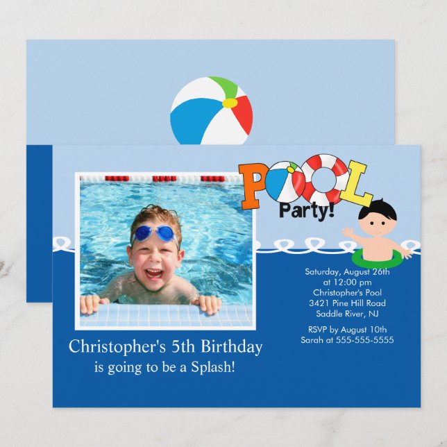 Summer POOL Party PHOTO Birthday Invitation (Front/Back)