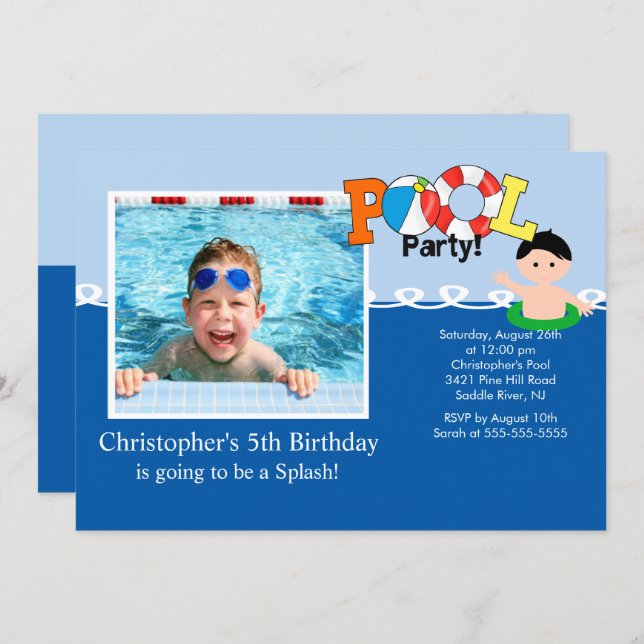 Summer POOL Party PHOTO Birthday Invitation (Front/Back)