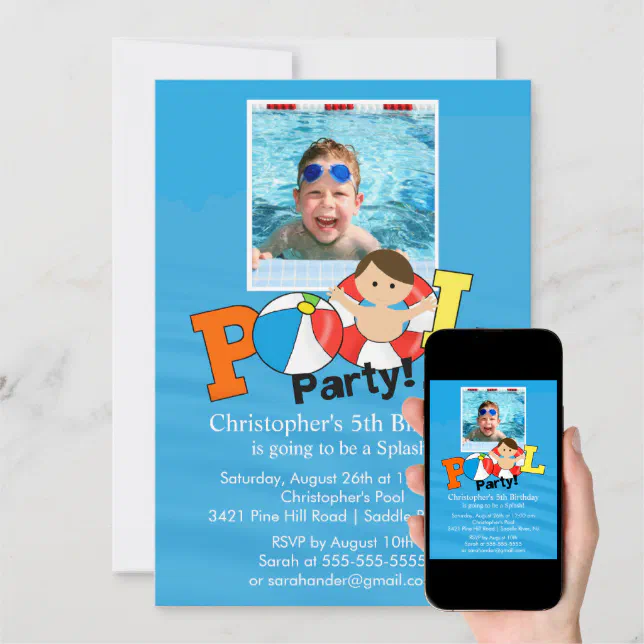 Summer POOL Party PHOTO Birthday Invitation Boy | Zazzle