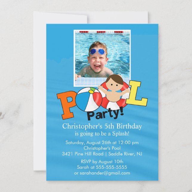 Summer POOL Party PHOTO Birthday Invitation Boy (Front)
