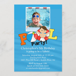 Summer POOL Party PHOTO Birthday Invitation Boy