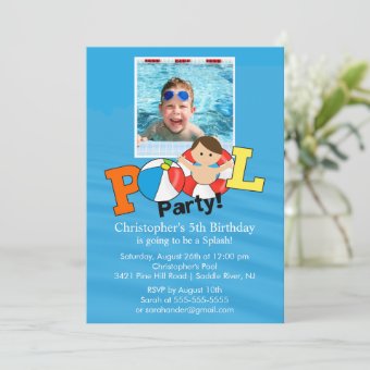 Summer POOL Party PHOTO Birthday Invitation Boy | Zazzle