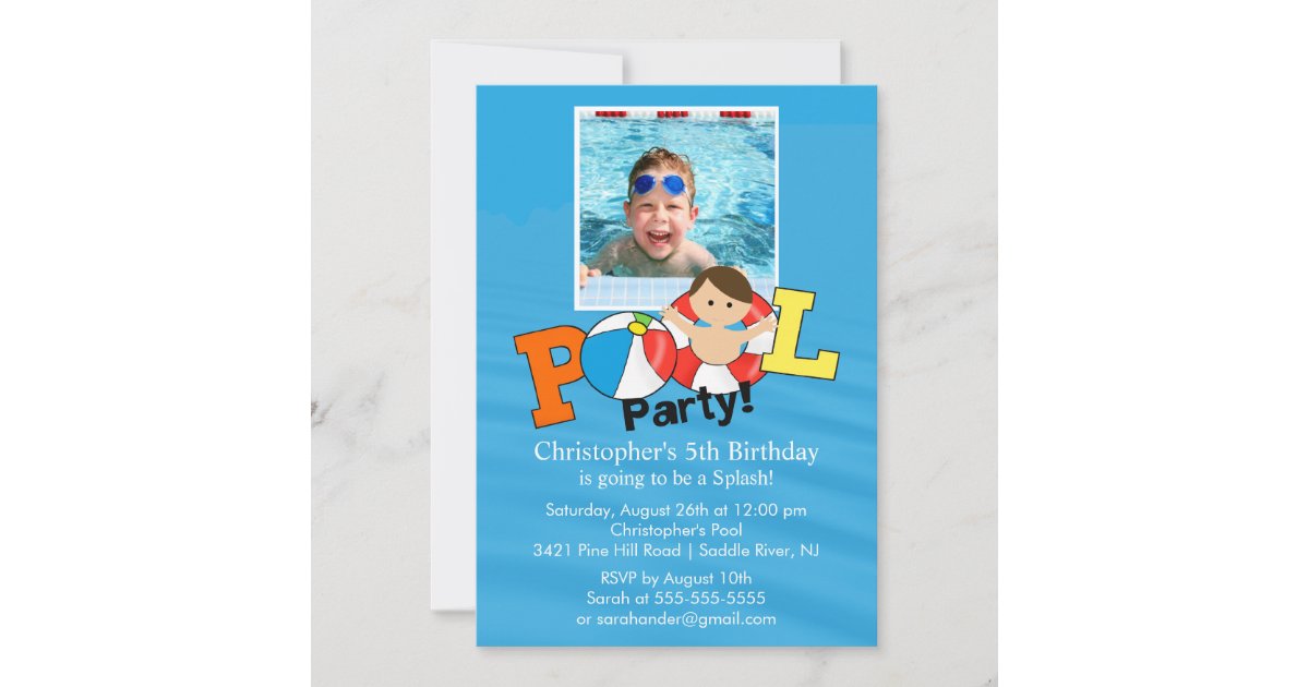 Summer POOL Party PHOTO Birthday Invitation Boy | Zazzle