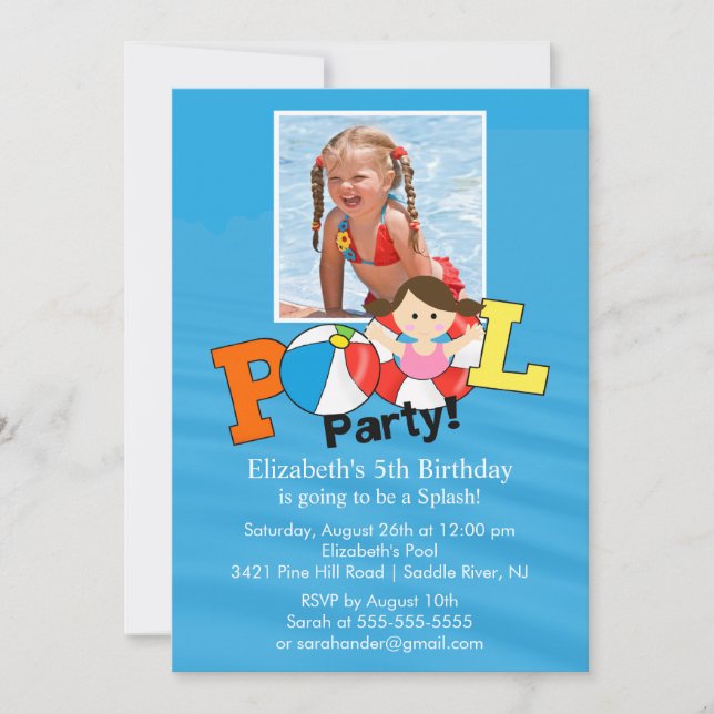Summer POOL Party PHOTO Birthday Invitation Girl (Front)