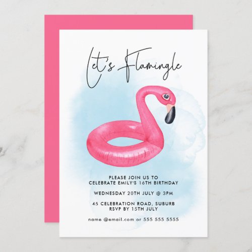 Summer Pool Party Pink Flamingo Teen Birthday Invitation