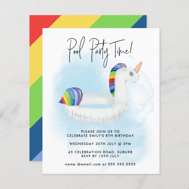 Summer Pool Party Rainbow Unicorn Any Age Birthday (Front/Back)