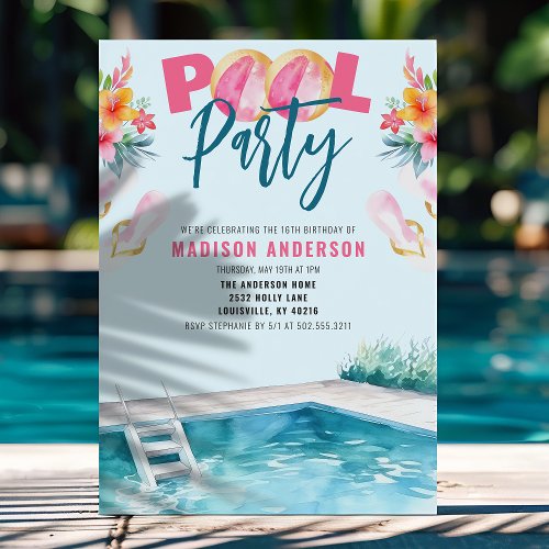 Summer Pool Party Sweet 16 Birthday Invitation