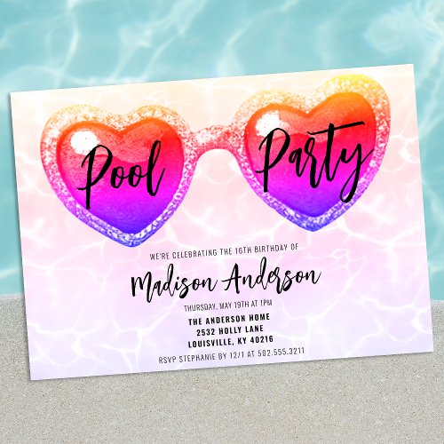 Summer Pool Party Sweet 16 Sunglasses Birthday Invitation