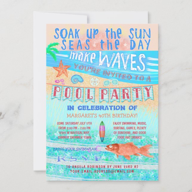 Summer Pool Party Swimming Fun Sea Fish and Beach Invitation (Front)