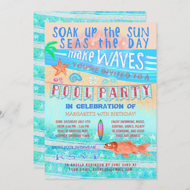 Summer Pool Party Swimming Fun Sea Fish and Beach Invitation (Front/Back)