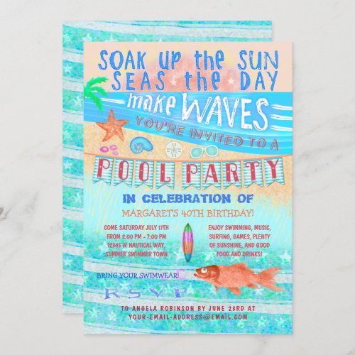 Summer Pool Party Swimming Fun Sea Fish and Beach Invitation