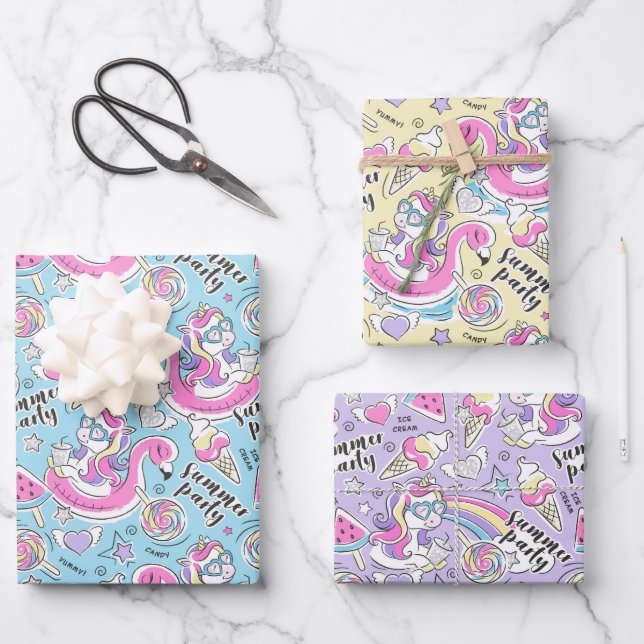 Summer Pool Party Unicorn  Wrapping Paper Sheets (Front)